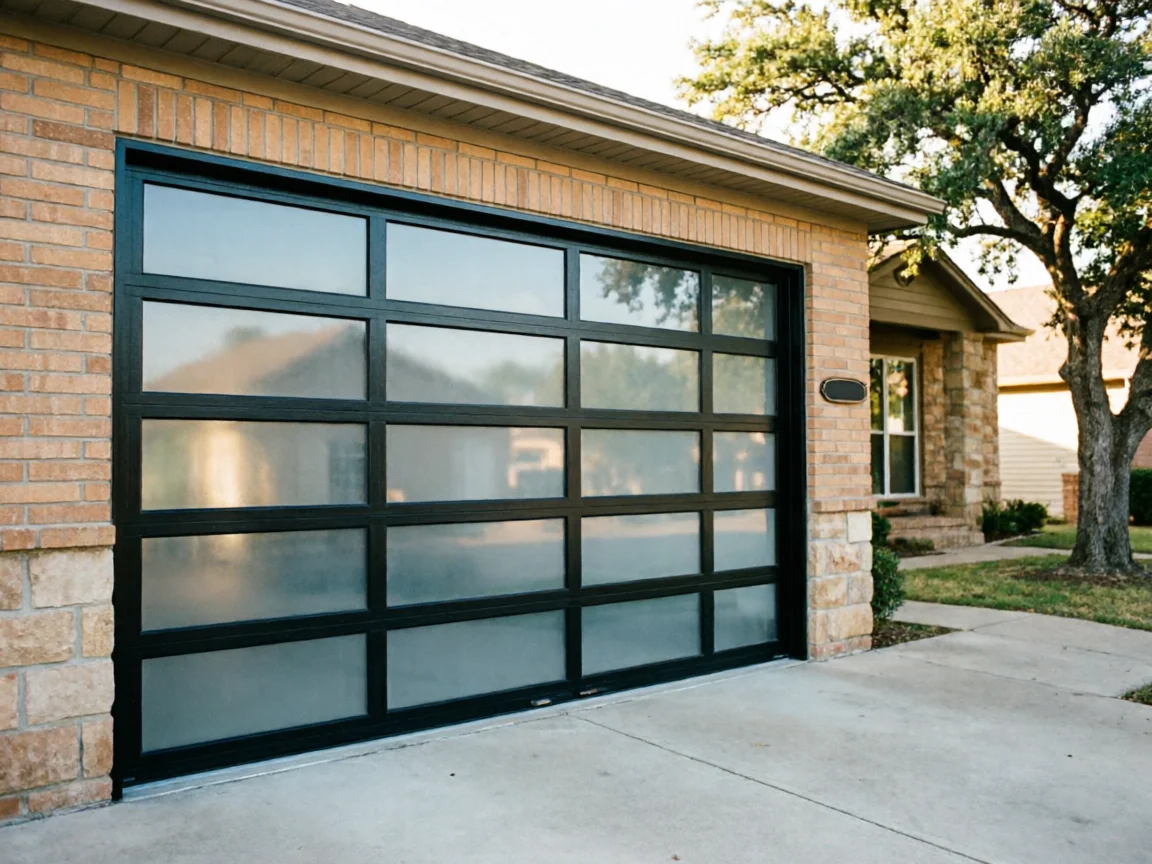 A modern black garage door with frosted glass panels on a brick house.