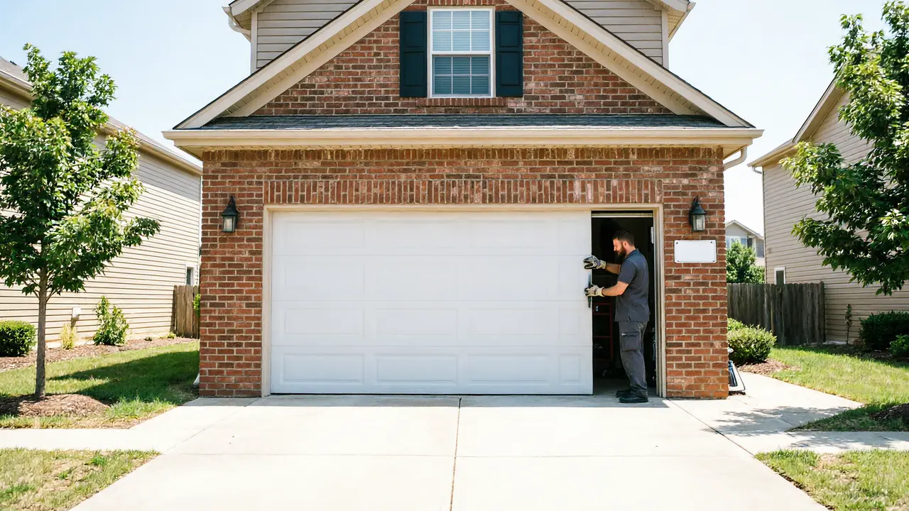 A technician in a gray uniform is working on a white garage door of a brick house.