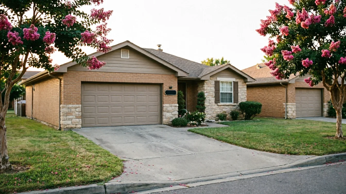 A house with a brown garage door and pink flowering trees.