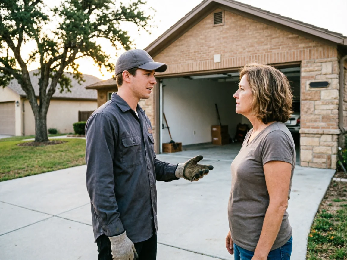 A technician in a gray shirt talks to a woman in front of a house.