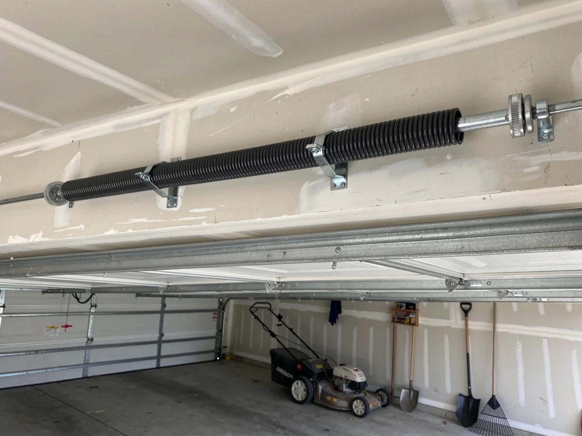 A black torsion spring is mounted above a white garage door.