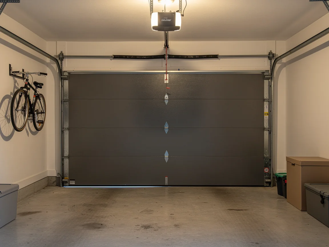 A closed gray garage door with an opener, torsion spring, and a bicycle on the wall.