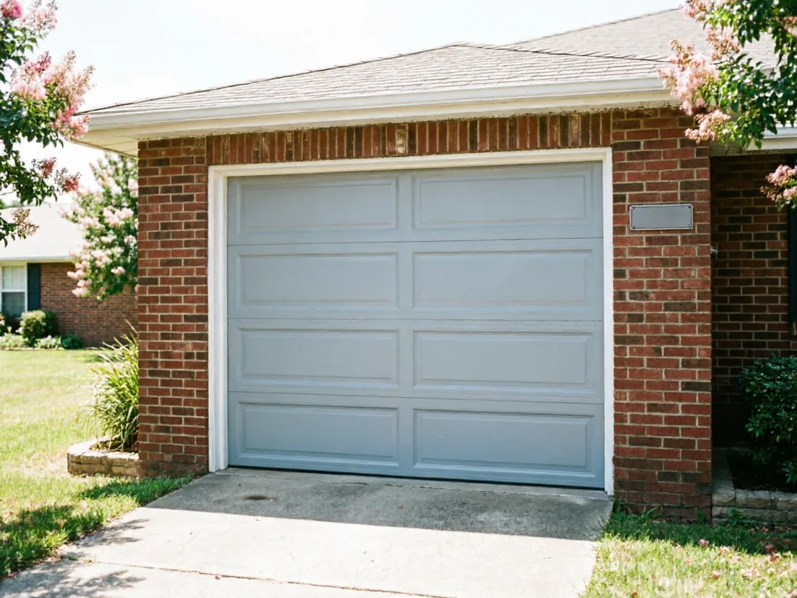 A light gray garage door is centered on a brick house.