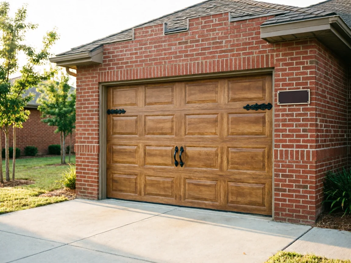 A brown paneled garage door with decorative black hardware is set in a brick house.